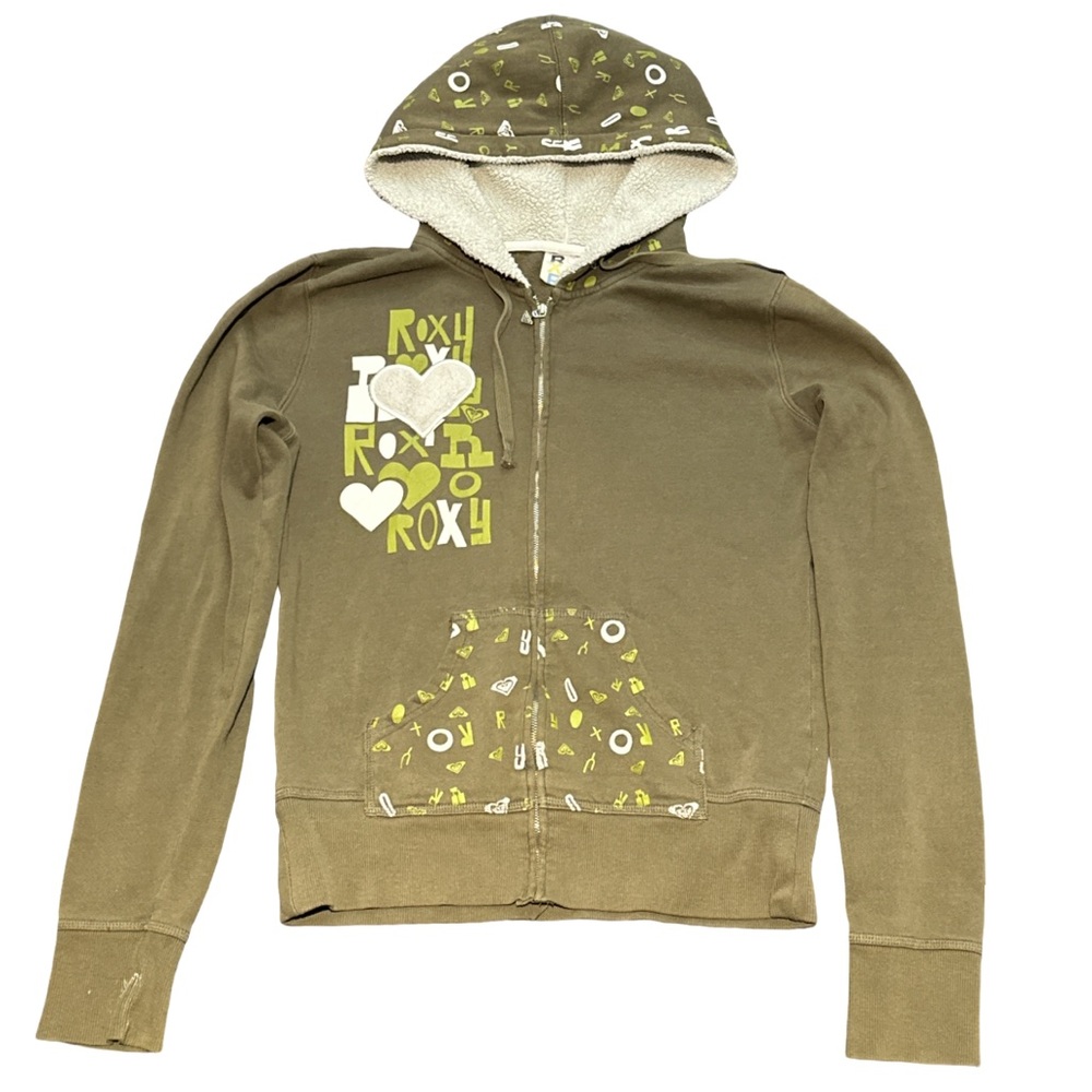 Y2K ROXY women's green graphic sweater with fur hood, size large.